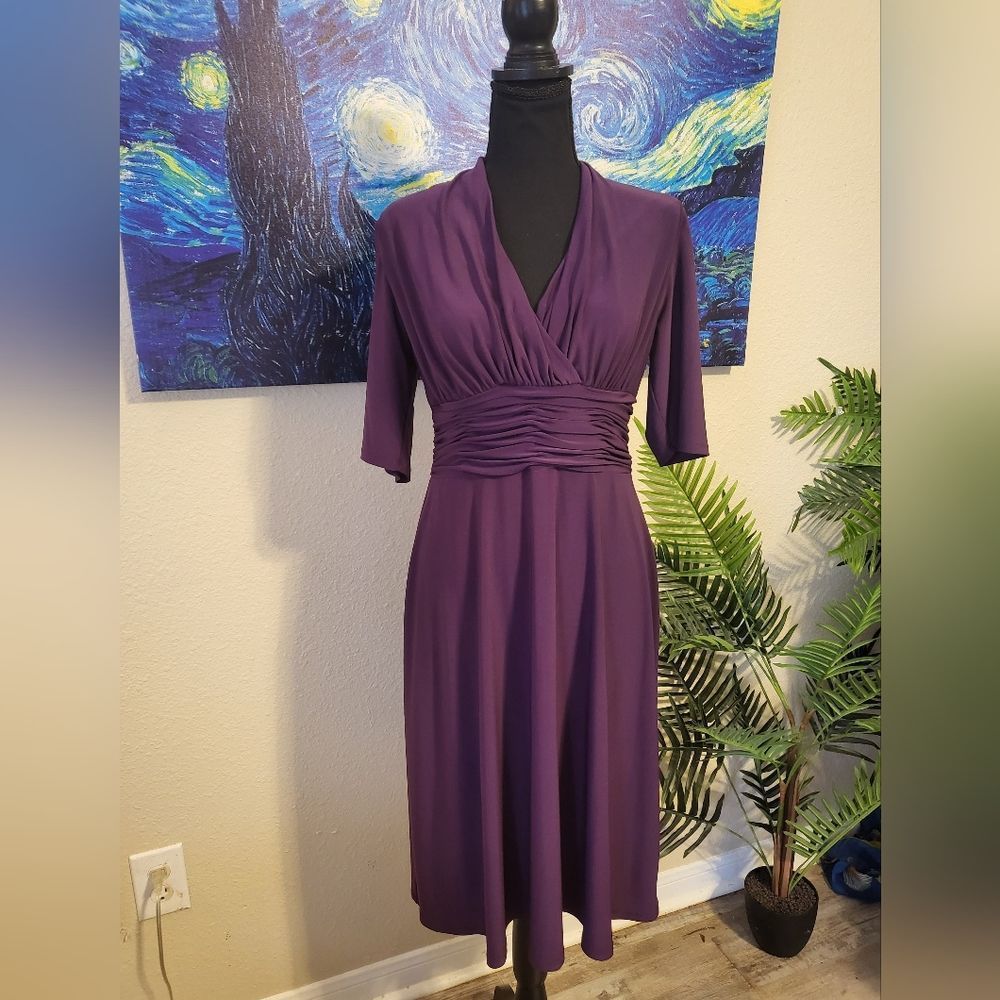 Evan Picone Purple Asymmetrical Ruched Waist Midi Dress